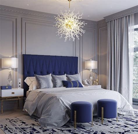 grey and navy blue bedroom.